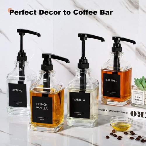 GMISUN Coffee Syrup Dispenser, 16.9 fl oz Syrup Pump Dispenser for Coffee Bar Accessories, Square Glass Syrup Bottle for Coffee Bar Essentials, Simple Maple Syrup Bottles with ¼oz Large Capacity Pump