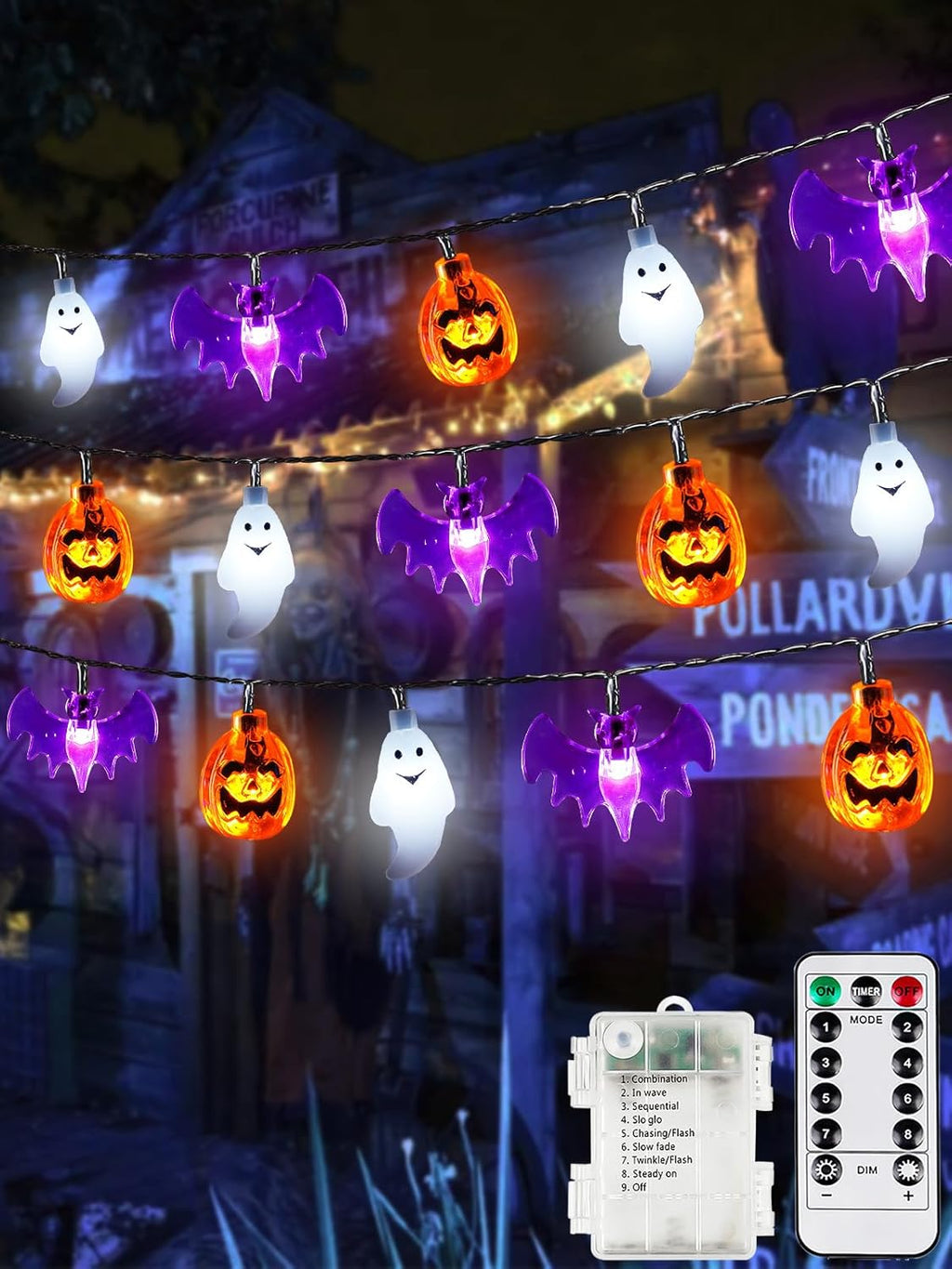 Skiennix Halloween String Lights - 30 LED 3D Pumpkin, Bat & Ghost Fairy Lights | Waterproof, Remote & Timer