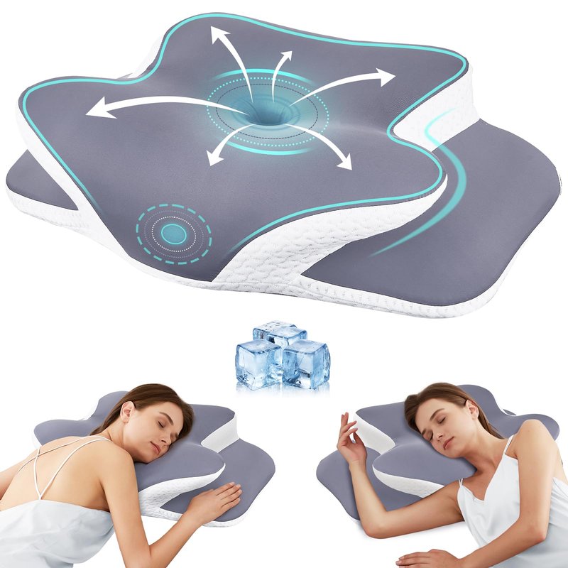 SHKJGS Cervical Neck Pillow for Neck Pain Relief & Support - Cooling Ergonomic Memory Foam Pillow with Dual-Height Contour & Ice Silk Cover for Side, Back, Stomach Sleepers,Grey
