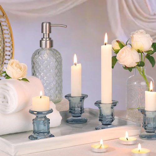 Blue Candlestick Holders - 12 Pcs Glass Candle Holders Set | Crystal Taper Candle Holders for Weddings & Home Decor