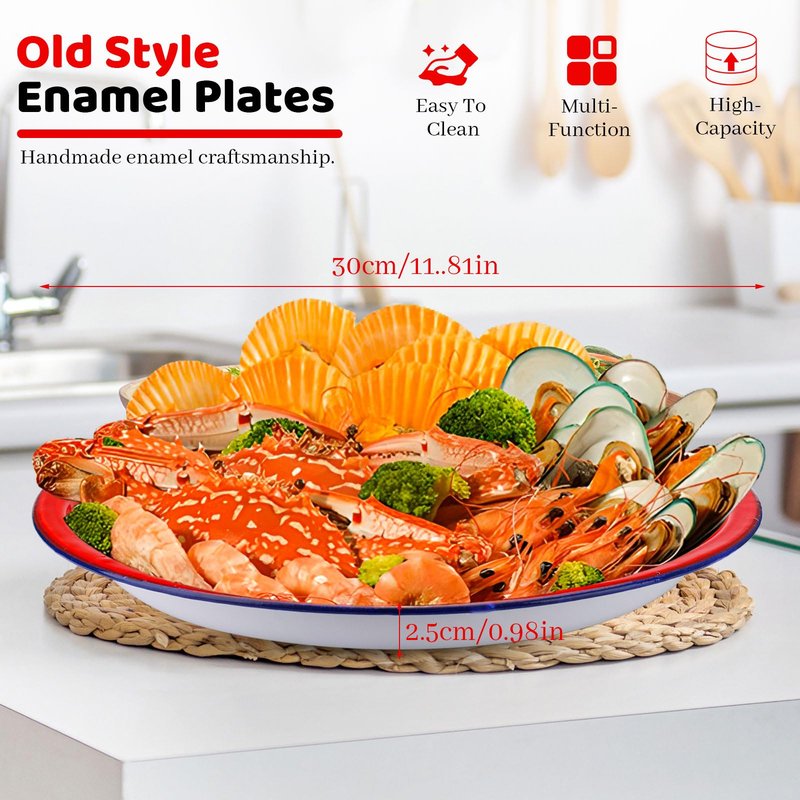 SNOMEL 2 Pcs Enamel 11.7 In Serving Platters and Trays, Large Serving Dishes for Entertaining Chinese Vintage Style, Round Turkey Platters for Food Party Thanksgiving Snack Dessert Meat