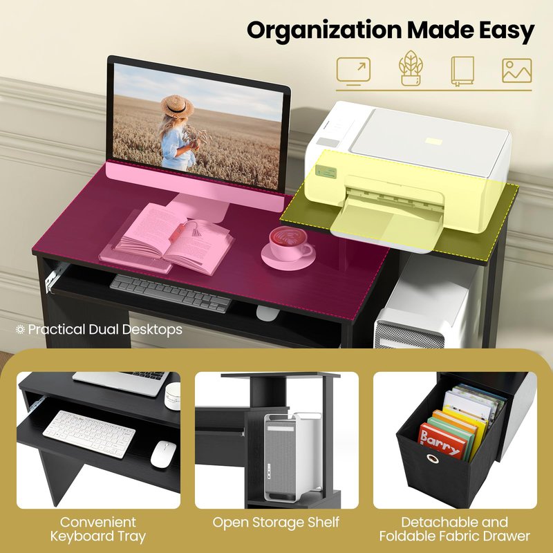 Tangkula Computer Desk with Fabric Drawer & Keyboard Tray, Space-Saving Study Writing Desk with Open Storage Shelves & Printer Stand, Modern Home Office Computer Workstation for Small Spaces (Black)