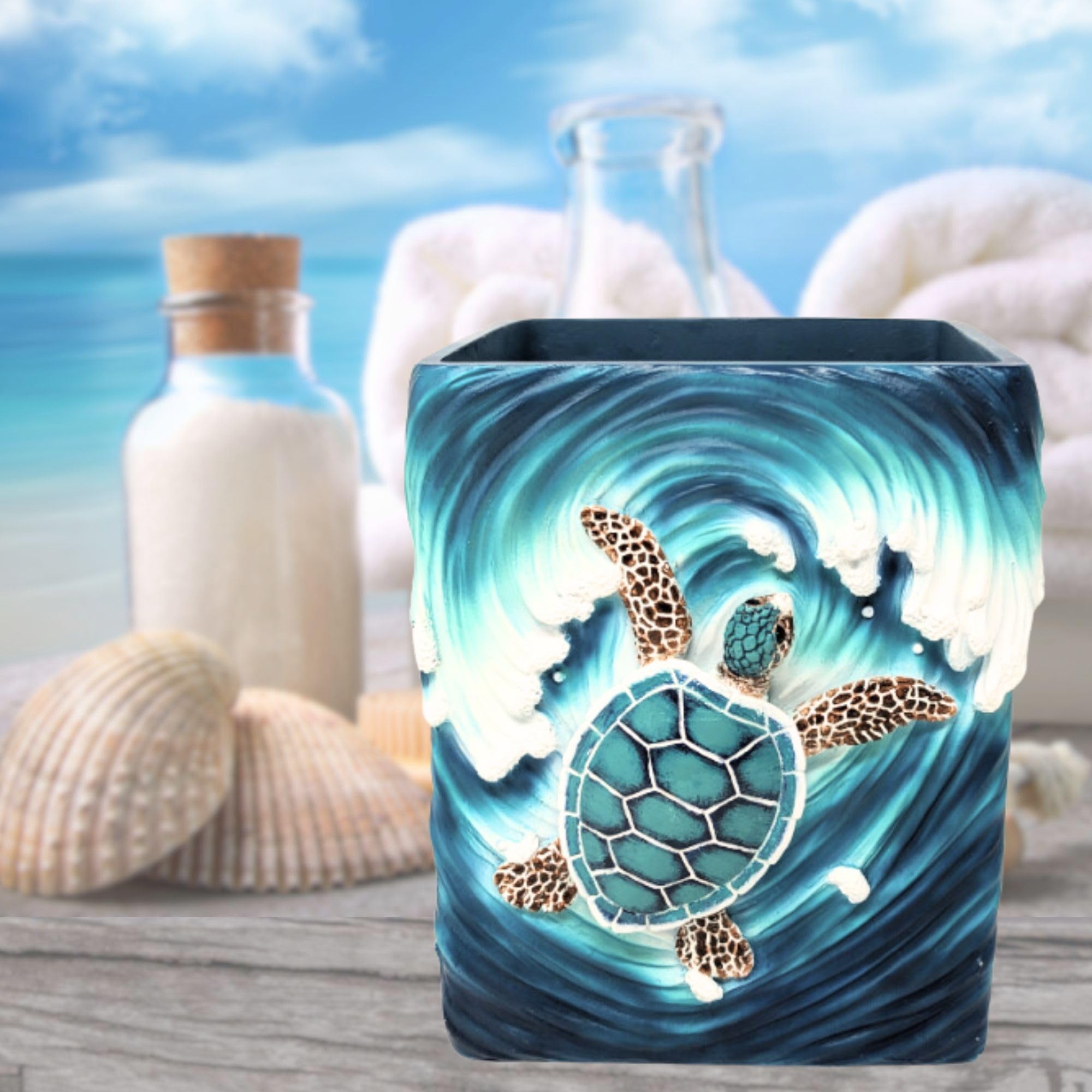 BestGiftEver Sea Turtle Wave Accent Trash Bin - Nautical and Ocean - Inspired Wastebasket - Ideal for Sea and Marine Life Lovers