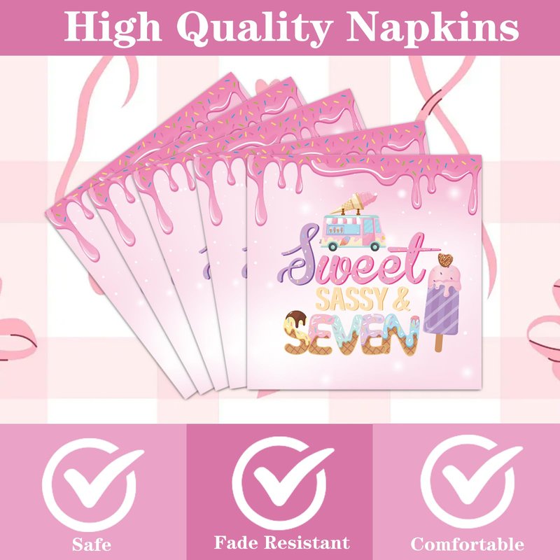Sweet Sassy and Seven Birthday Decorations Tableware - 7th Birthday Decoration for Girls Disposable Paper Plates and Napkins Decor 7 Years Old Girl Forks Supplies Serve 24