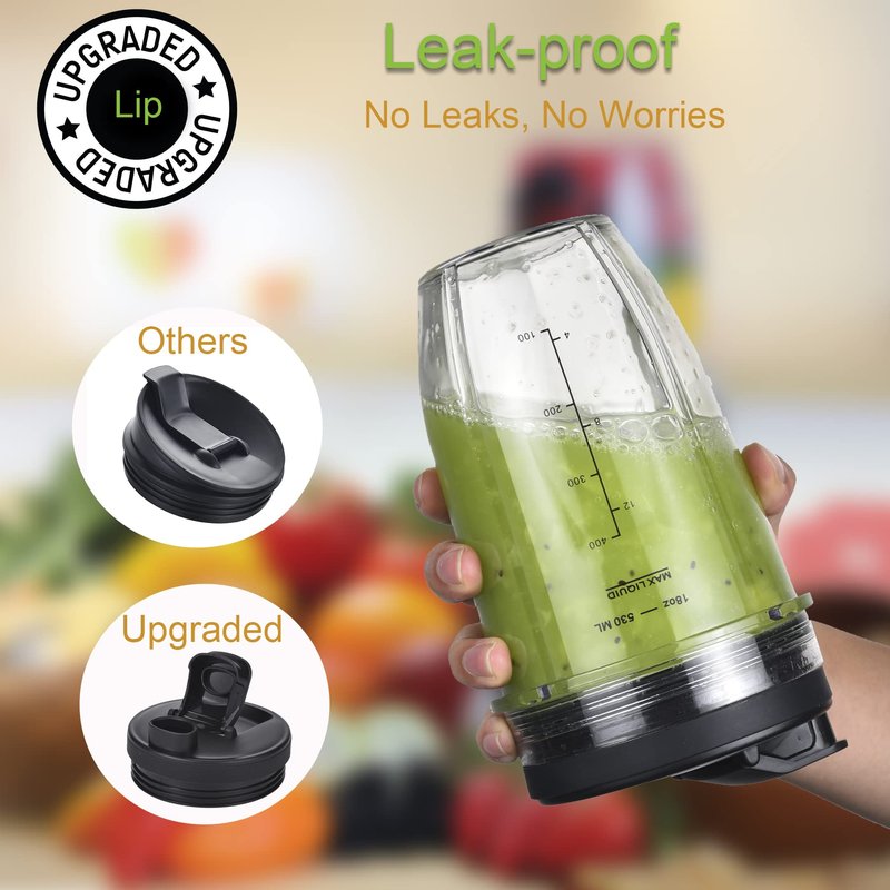 [Upgraded] Replacement 18oz Cups for Nutri Ninja Blenders, Blender Replacement Parts with Upgraded Lid For Auto-IQ BL480, BL482, BL490, BL640, BL642, & BL680 Auto IQ Series Blenders., 2 Pack