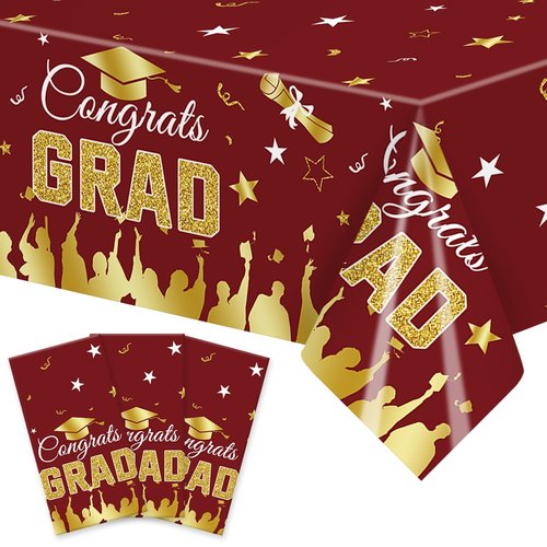 3-Piece 54 x 108 Inch Graduation Plastic Tablecloth - Congrats Grad Design Disposable Rectangle Table Cover for College High School Class of 2025 Graduation Party Supplies Indoor Outdoor (Maroon)