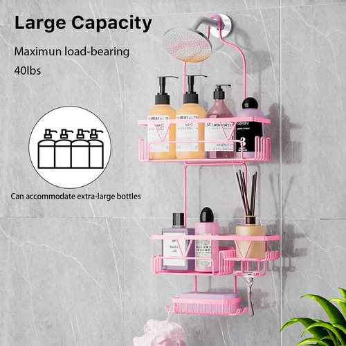 DAOYA Hanging Shower Caddy - Anti-Swing Organizer with 2 Soap Holders & Multi Hooks | Rustproof Pink Bathroom Accessory