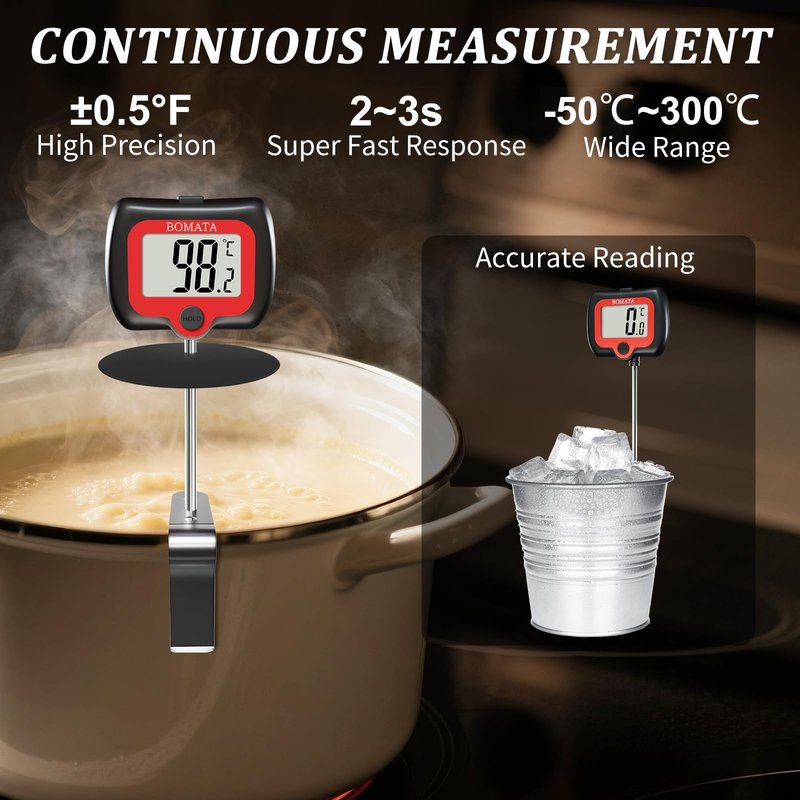 BOMATA Digital Candy Thermometer with Pot Clip, Deep Fry Oil Thermometer with Rotatable Display & Long Probe, for Candy Candle Making, Cooking, Food, Liquids, Water, Sugar.. Black