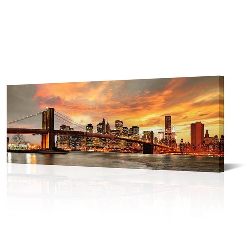 NutArtPic Brooklyn Bridge Canvas Wall Art Large New York City Picture Print Manhattan Night Skyline Painting On Canvas Modern Artwork For Living Room Home Decor 16''x40''x1 panel