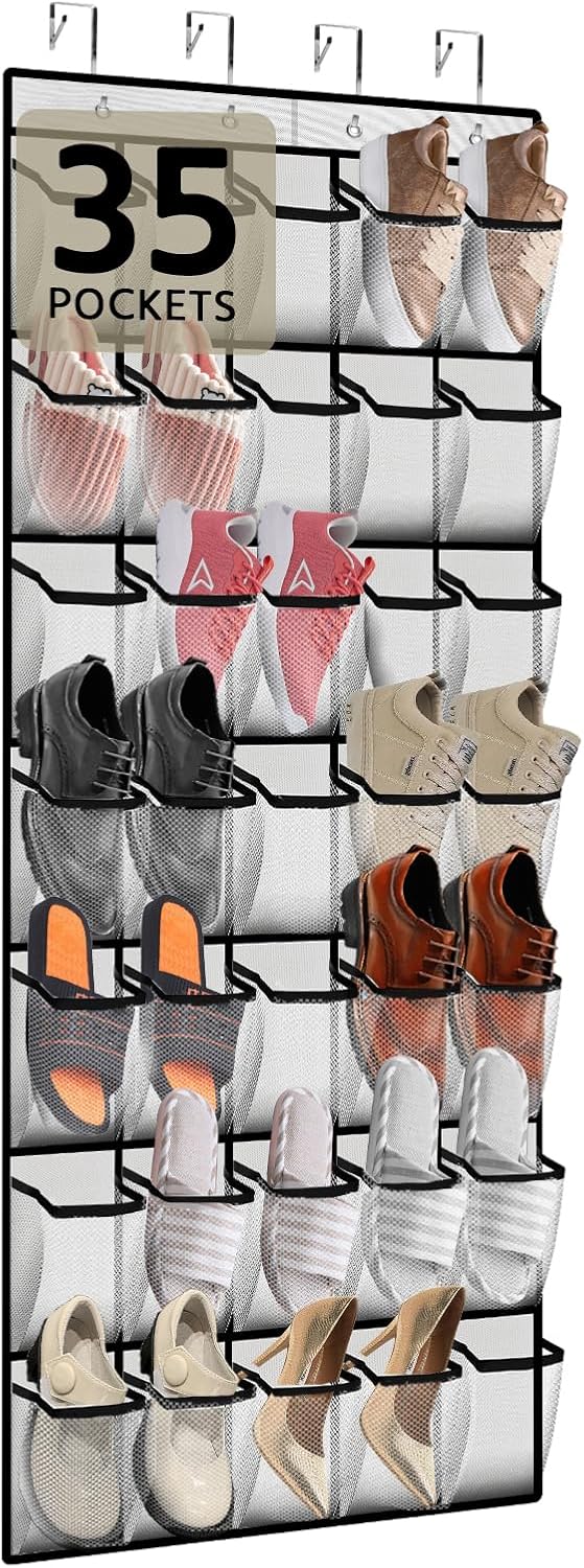 Paulone 35-Slot Over The Door Shoe Organizer - Reusable Breathable Mesh Storage Bag for Men, Women & Kids (White)