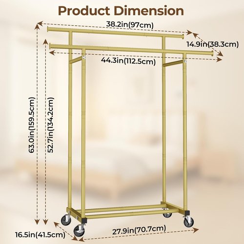 HYSEYY Double Rods Clothes Rack - Sturdy Portable Rolling Garment Rack for Bedroom & Laundry | Gold Finish