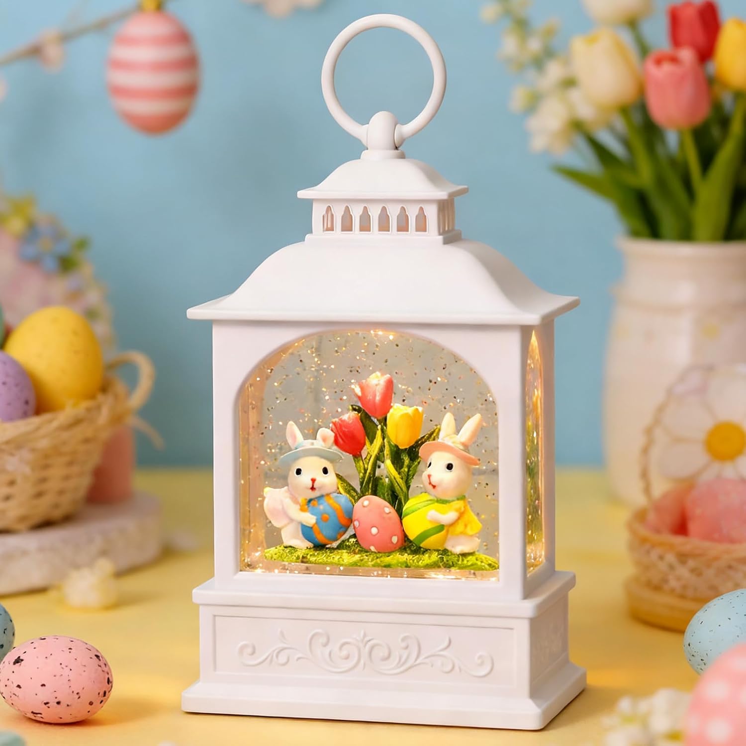 Skiennix Easter Bunny Snow Globe - Glitter Lantern with Timer for Spring Decor | 6 Hours