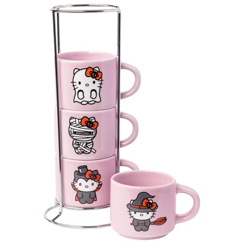 Silver Buffalo Sanrio Hello Kitty Halloween 4 Pack Stackable Ceramic Mug Set With Storage Rack, 3 Ounces