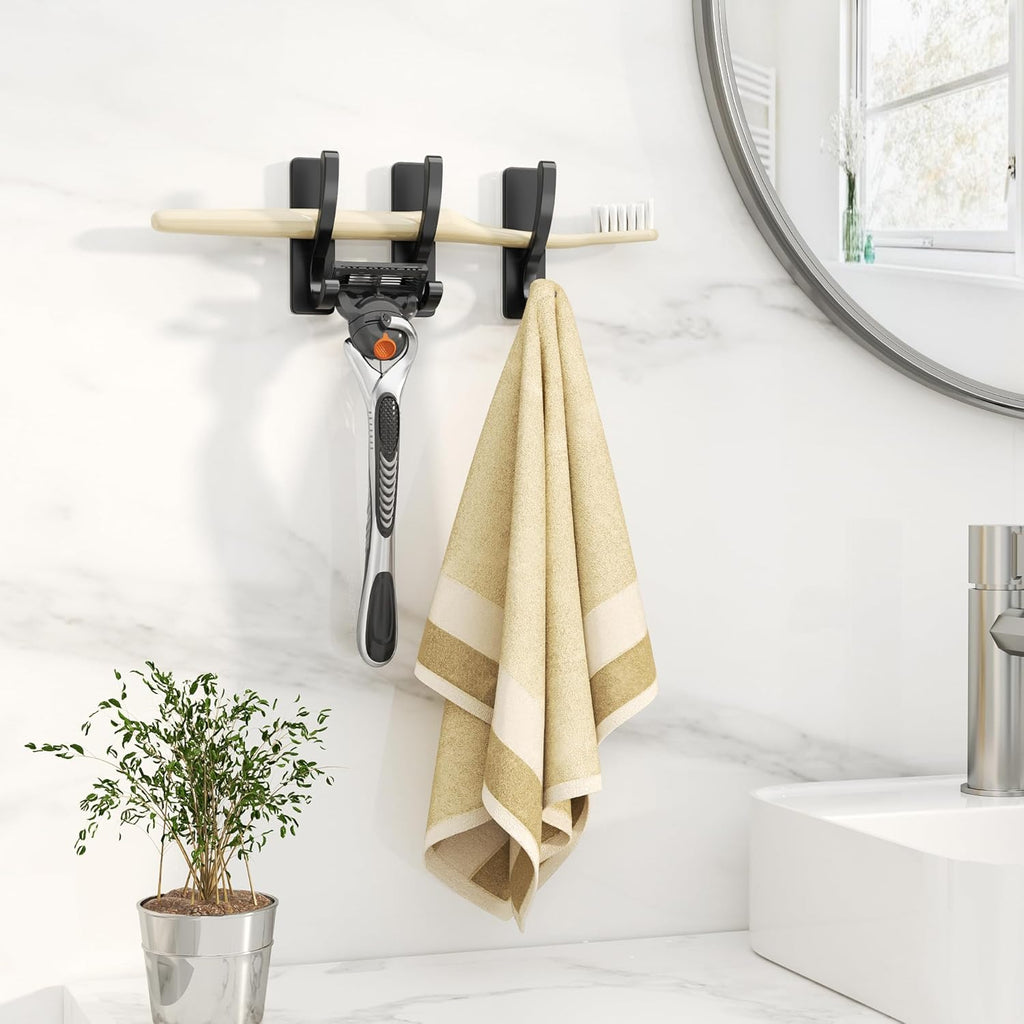 Pickpiff Adhesive Wall Hooks - Heavy Duty Sticky Hooks for Towels, Coats & Bags | No Damage, Black 4 Pack