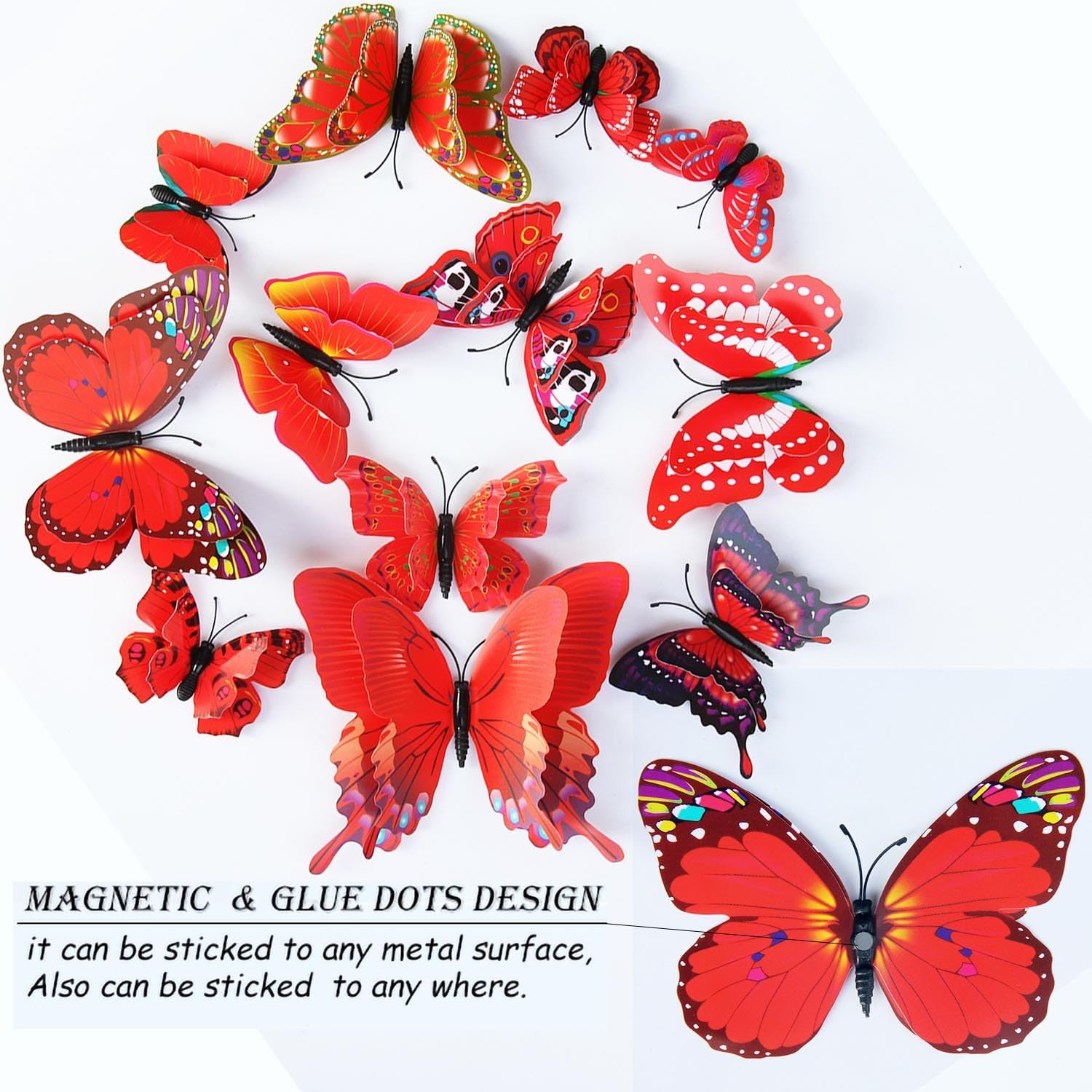 OPSEAM 3D Butterfly Wall Decor - 72 PCS Magnetic Stickers for Party Decorations | Red