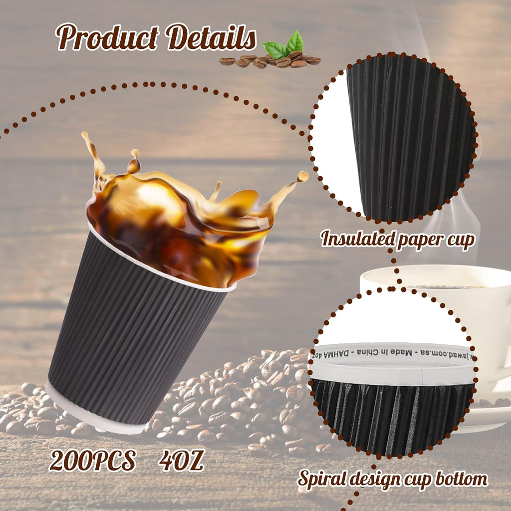 Skiennix 4oz Paper Espresso Cups - Disposable Ripple Wall Hot/Cold Coffee Cups | 200 Pcs (Black)