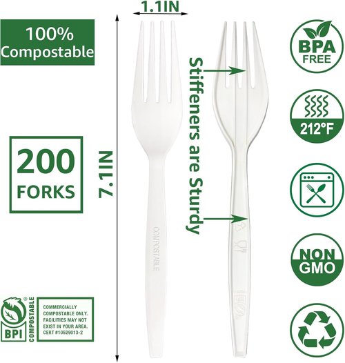 Misisipi 200 Pcs Heavy-Duty Compostable Forks | Eco-Friendly Biodegradable Tableware Set
