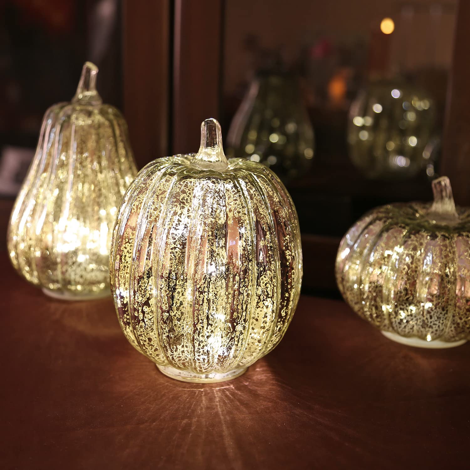 Romingo Set of 3 Glass Pumpkin Light with Timer for Halloween Pumpkin Decorations Fall and Thanksgiving Decor, Silver