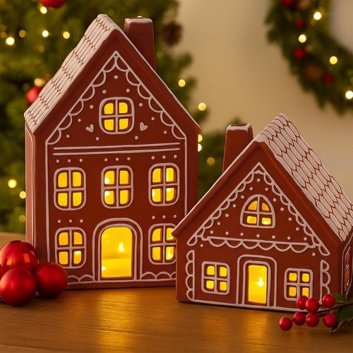 Funnymoom Lighted Ceramic Iced Gingerbread Houses - Pre-Lit LED Christmas Tabletop Decor | 2 Sets