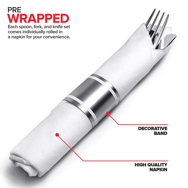 200 Pieces Pre Rolled Silver Plastic Cutlery Set, Individually Wrapped Plastic Silverware Set with 50 Forks, 50 Knives, 50 Spoons, 50 Napkins, Utensils for Weddings, Service for 50 Guests