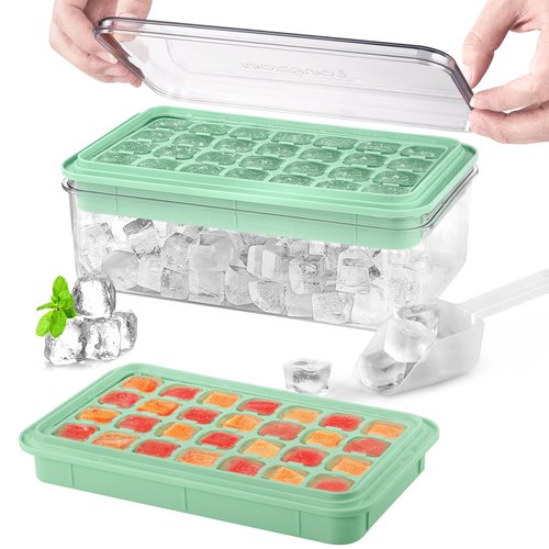 Longzon Ice Cube Tray with Lid and Bin, 56 Pcs Ice Cube Trays for Freezer, Ice Cube Mold, Ice Molds Spill-Resistant Removable Lid & Ice Scoop, Ice Mold for Whiskey Cocktail, Tea, Coffee -Green