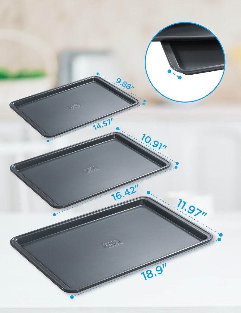 BLACK+DECKER 3-Piece Carbon Steel Baking Sheet Set, Includes 13”, 15”, 17” Cookie Sheets for Baking, 0.4mm Carbon Steel Baking Pans Set with Ceramic Non-Stick Coating, PFOA & PTFE Free, Black Finish