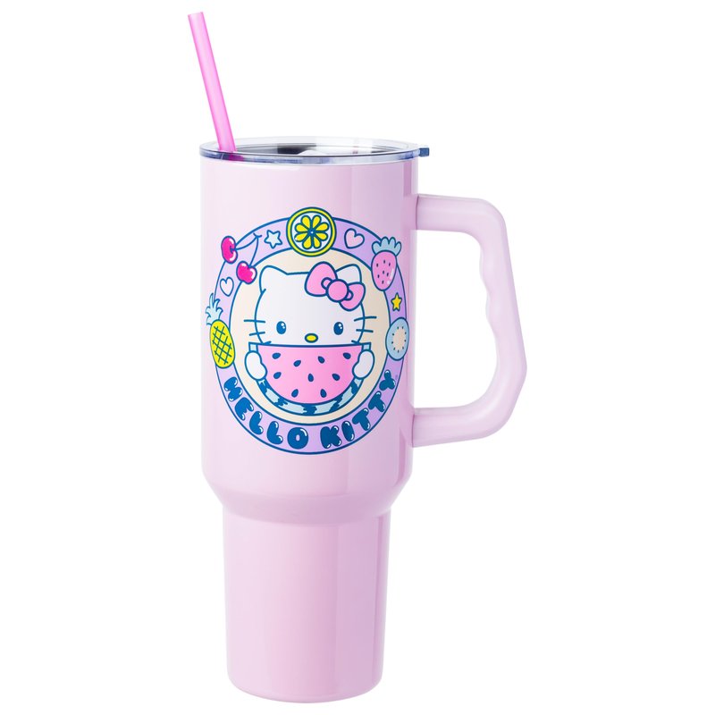 Silver Buffalo Sanrio Hello Kitty Summer Kawaii Fruits Double Walled Stainless Steel Tumbler with Handle, Fits in Standard Cup Holder, 40 Ounces