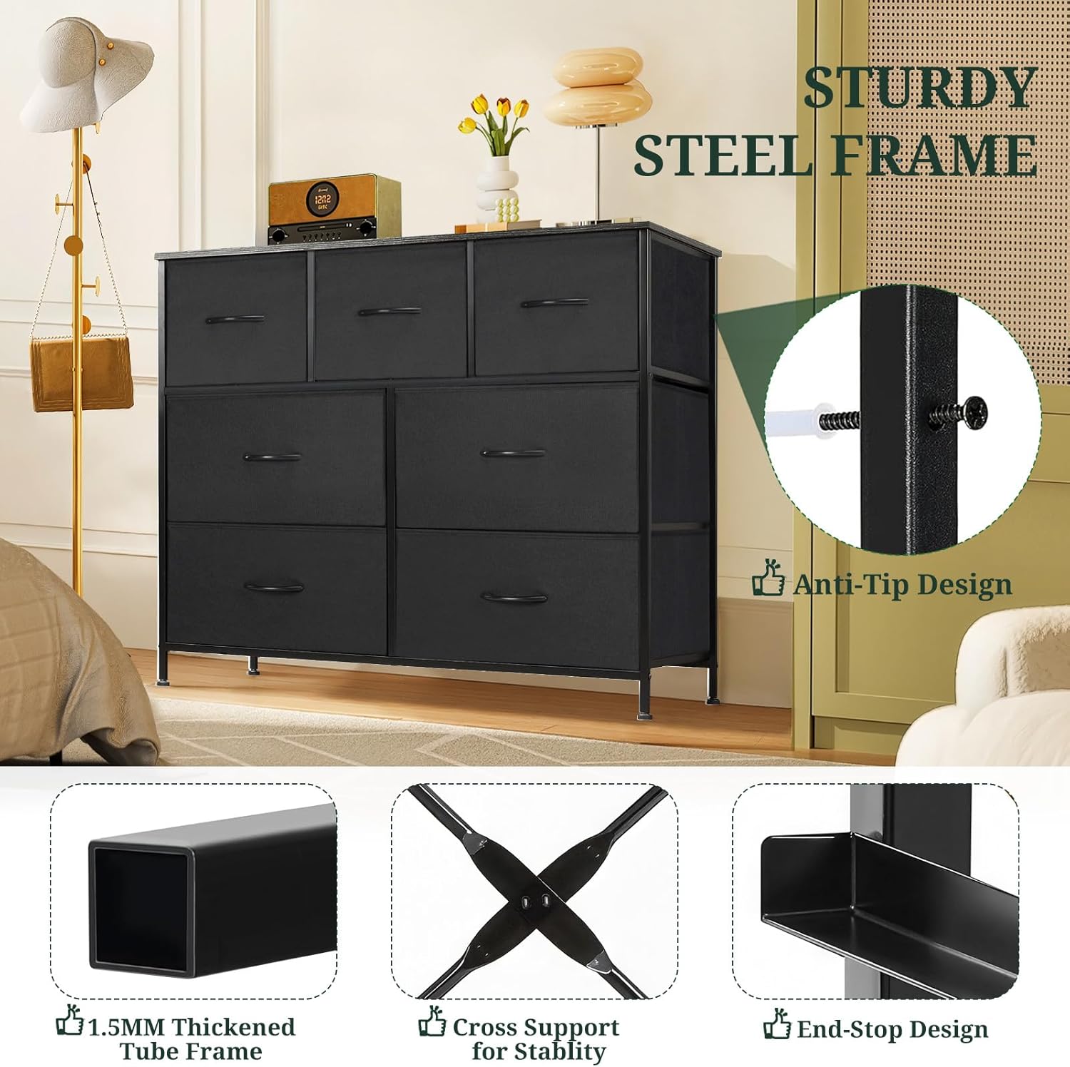 Skiennix 7-Drawer Dresser - Anti-Tip Fabric Storage Organizer with Wooden Top | Black, Versatile for Bedroom & Living Room