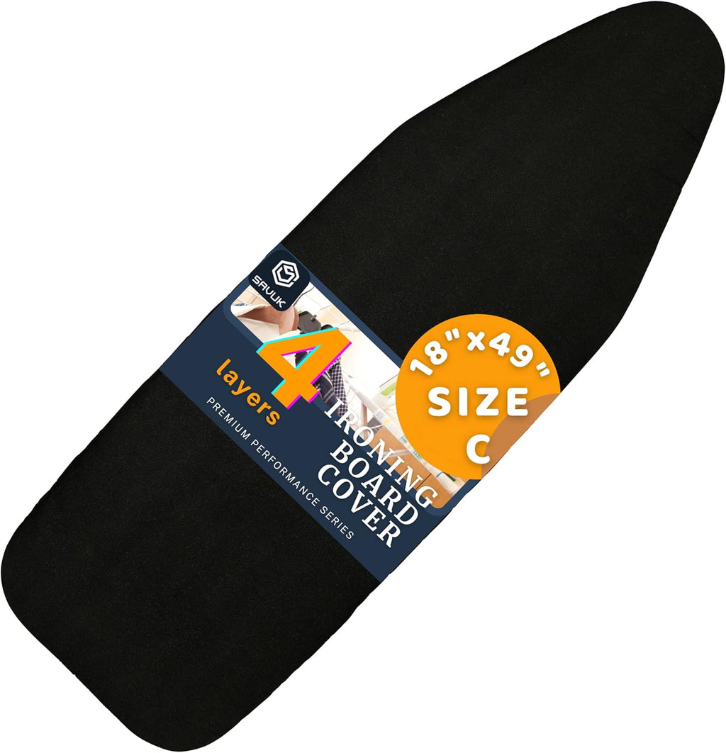 SAVUK Ironing Board Cover - Extra Thick, Heat Reflective Cotton Pad | 18'' x 49'' Adjustable Fit, Black