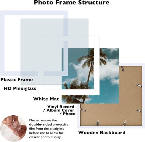 JCJMY Picture Frame - 12.5x12.5 Inches with 10x10 Mat for Vinyl Record Album Display | White Finish