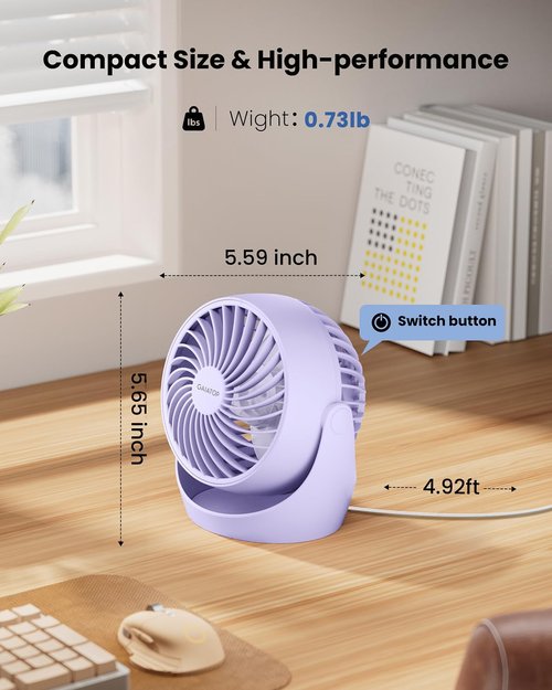Gaiatop Desk Fan - 5-Inch Portable Electric Air Circulator with 3 Speeds & 360° Tilt - Purple