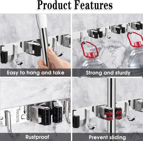AceMining Wall-Mounted Broom and Mop Holder - 5 Racks & 4 Hooks | Heavy-Duty Stainless Steel Organizer