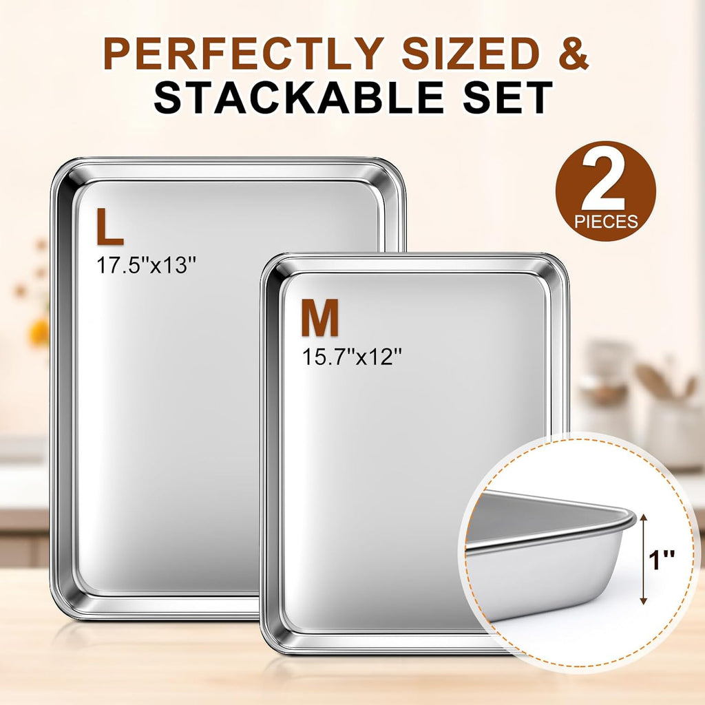 Regine Switzerland Baking Sheet Set - Commercial Grade Stainless Steel Cookie Sheets | Thicker, Nonstick, Rust & Warp Resistant - 17.5''x13'' & 15.7''x12''