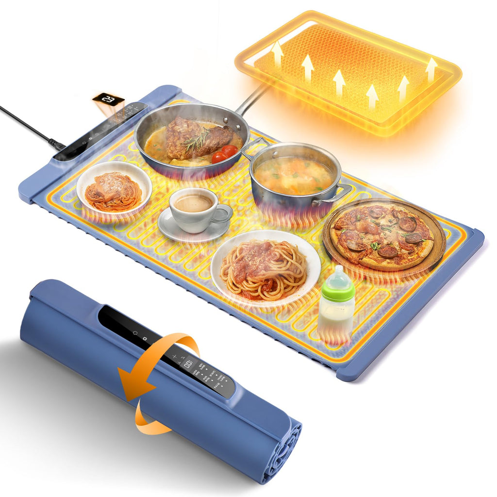 Food Warming Mat 25.2" x 14.96",Electric Warming Tray for Fast Heating | Foldable Warming Mat for Food with Adjustable Temperature Control & Timer, Raised Feet for Family Gatherings & Daily Use