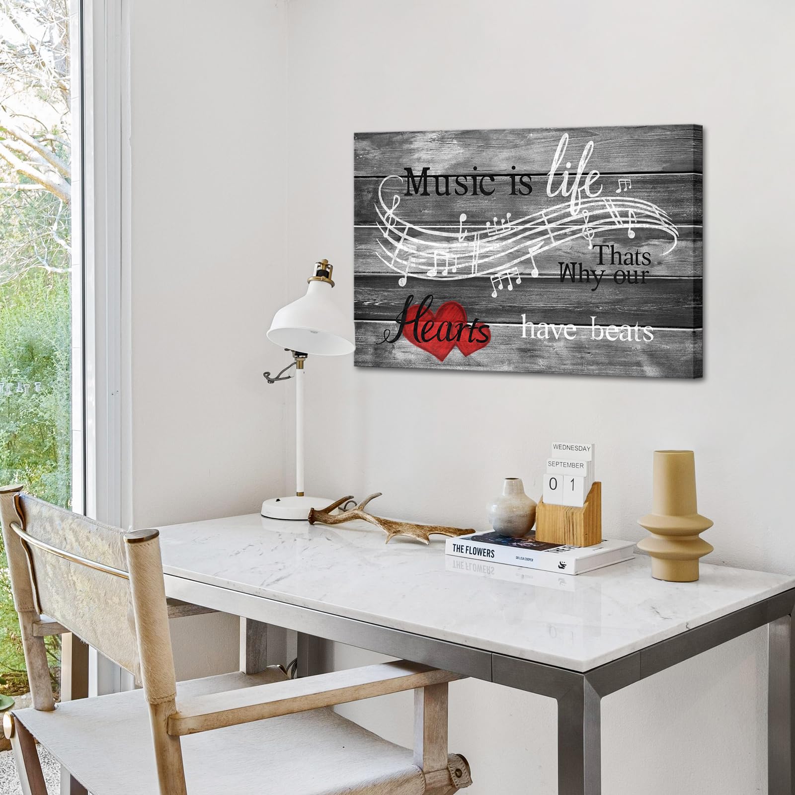 SkenoArt Music Canvas Wall Art Musical Theme Inspirational Wall Art Music is Life That is Why Our Hearts Have Beats Picture for Bedroom Home Living Room Wall Decor 24"x36"