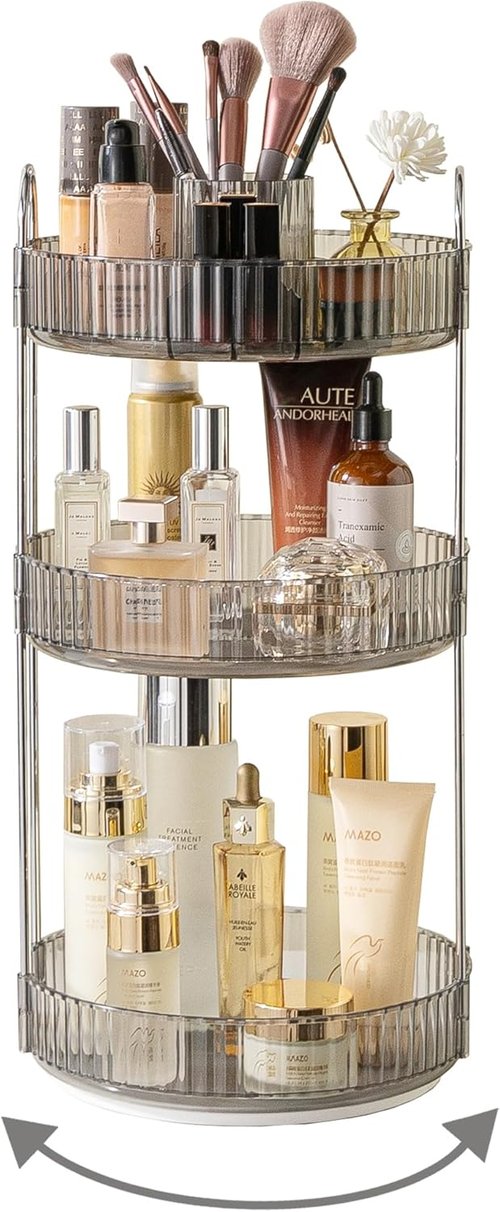 Asayuee 360 Rotating Makeup Organizer - Large 3-Tier Storage for Skincare & Cosmetics | Grey