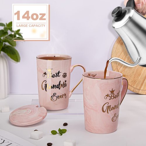 Gifts for Grandma - Best Grandma Ever Mug, Unique Christmas Birthday Gifts for New Grandmas from Granddaughter Grandson - 14Oz Pink Marble Ceramic Coffee Mugs Print with Gold - Lid Spoon Card, Box