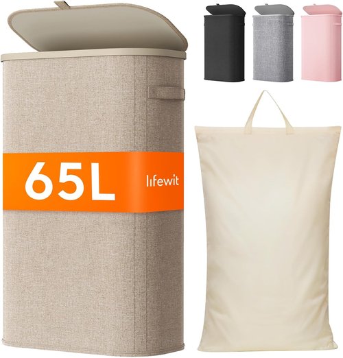 Lifewit Slim Laundry Basket - Tall 65L Hamper with Lid & Removable Bag | Beige, Perfect for Any Room