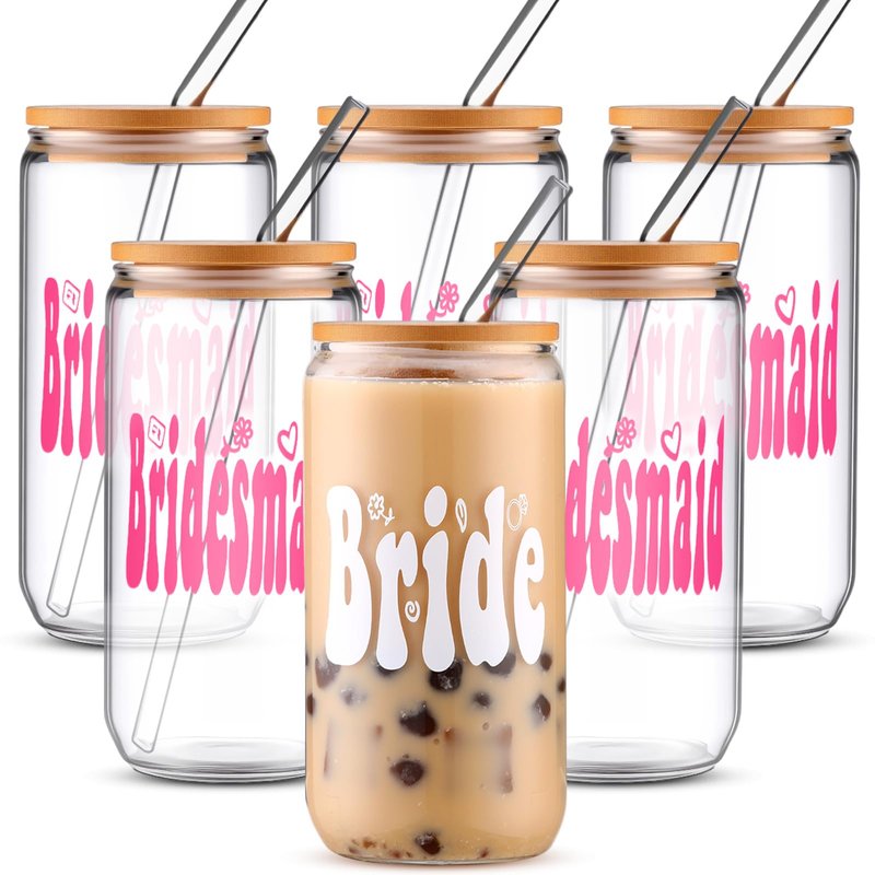 Yetene 6 Pack Bridesmaid Gifts 16 oz Bride Cup with Lids and Straws Bridesmaid Proposal Gifts Cute Can Shaped Drinking Glass Bride Glass Cups for Engagement Wedding Bridal Shower Party