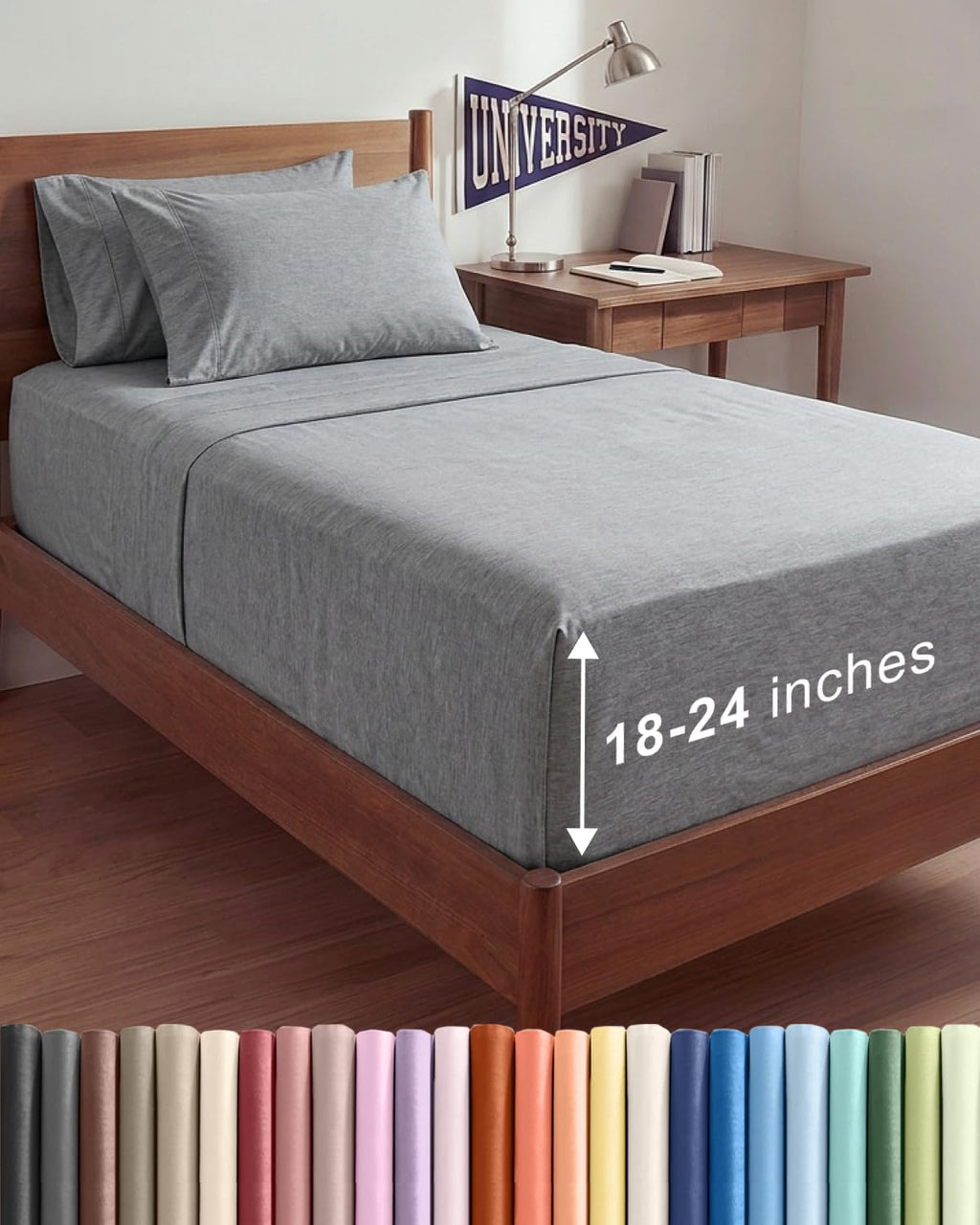 Skiennix Extra Deep Twin XL Sheet Set | 4-Piece Breathable Cooling Bedding - Soft, Wrinkle-Free, Heathered Grey