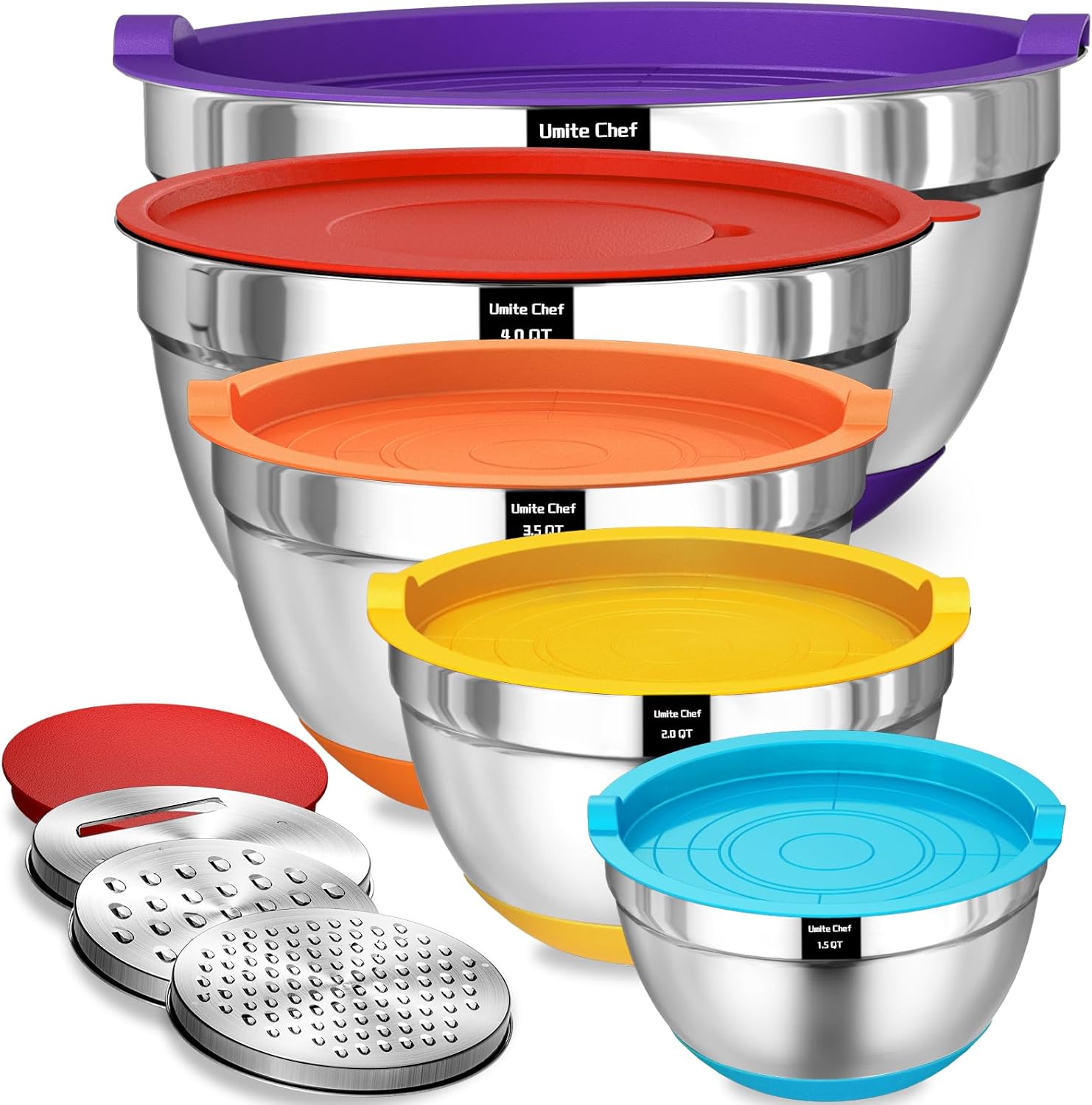 Umite Chef Mixing Bowls Set - 8PCS Stainless Steel with Airtight Lids & Non-Slip Bottoms | Includes Grater Attachments, 1.5QT to 5QT