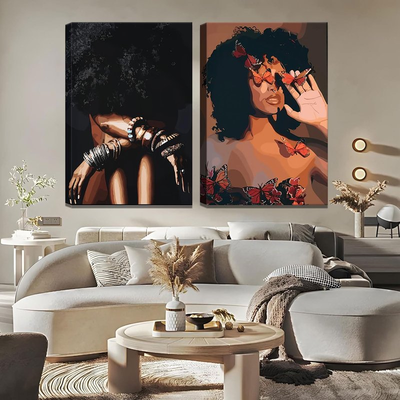 Framed Modern Abstract African American Women Wall Art (Set of 2), Canvas HD Print, Bohemian Black Girl with Energetic Butterfly Decor, Black Inspirational Contemplative Poster, Meditation Inspirational & Trendy Print, Living Room, Bedroom, Bathroom, Offi