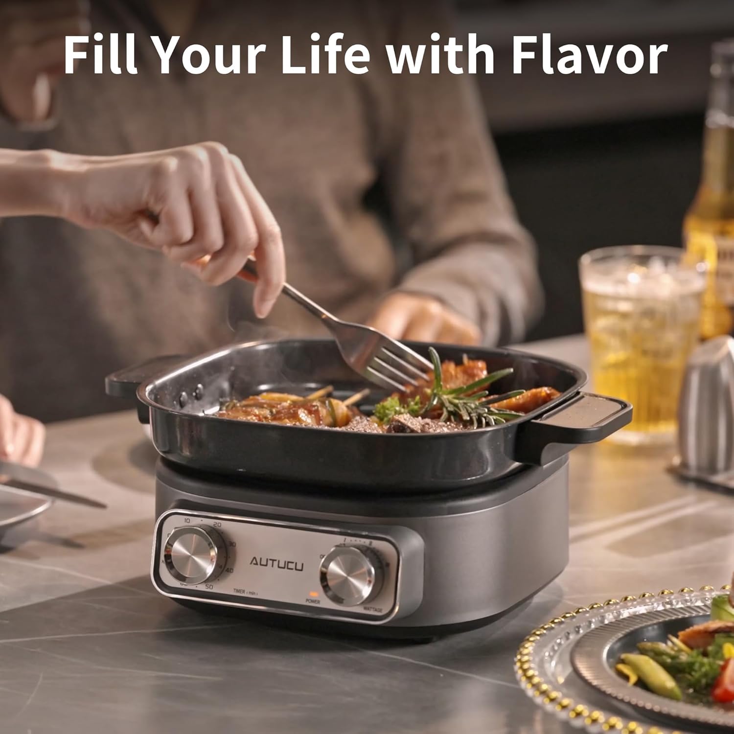 N74SNA Electric Hot Pot Multi-Cooker - 2.5 Quart Nonstick Grill & Steamer Set for Soup, Steak, Ramen