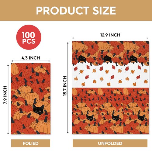 Horaldaily 100 Fall Disposable Paper Decorative Guest Napkins, Pumpkin Black Cat Hand Towel for Party Lunch Dinner Kitchen Bathroom