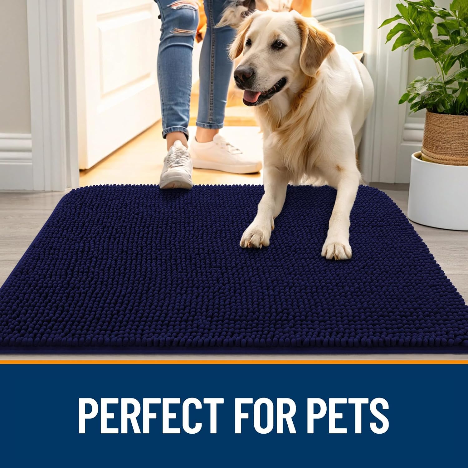 OLANLY Dog Door Mat - Absorbent Non-Slip Washable Doormat for Muddy Paws | 36x24 Navy Blue