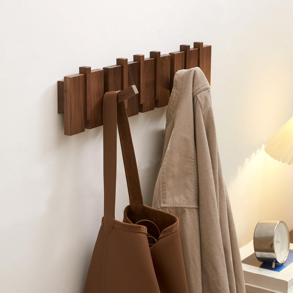 Quellance Wood Coat Rack - Heavy Duty Wall-Mounted Hanger with 8 Hooks - Walnut Finish for Coats, Keys & More