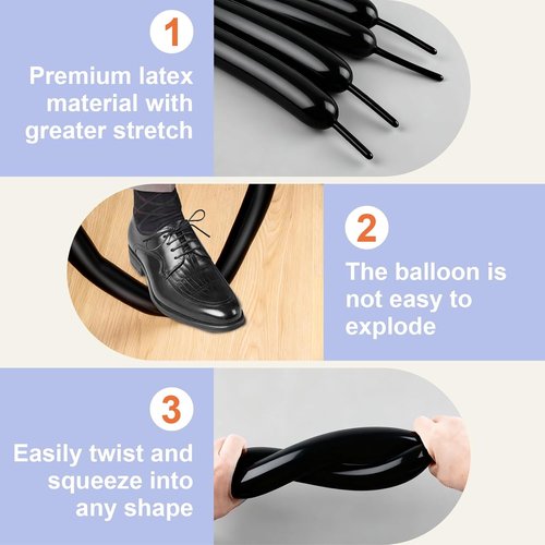 260 Premium Long Skinny Black Latex Balloons - Perfect for Twisting, Weddings & Birthday Parties