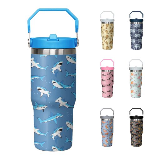 30oz Shark Tumbler with Handle and Flip Straw, Stainless Steel Insulated Cup, Travel Coffee Mug Water Bottle, Birthday Mothers Day Chritmas Gifts for Women Animal Lovers