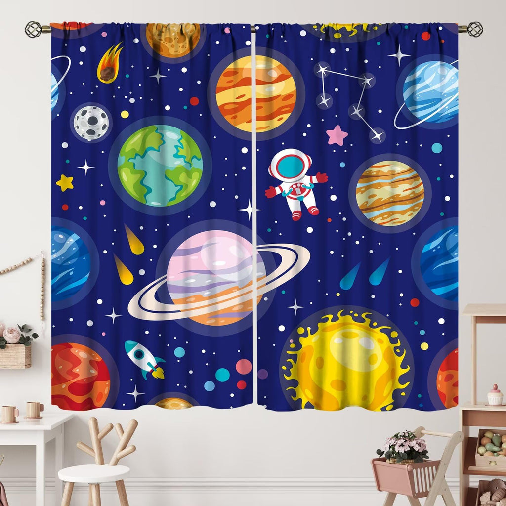 Kids Outer Space Curtains Cartoon Galaxy Planet Universe Astronaut for Boys Bedroom Rod Pocket Decor Nursery Starry Starts Pocket Art Printed Living Room Window Drapes 2 Panels Set 42x45 Inch