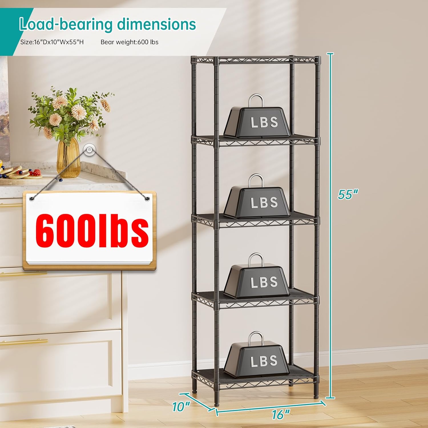 SINGAYE Metal Shelves - Adjustable Wire Shelving Unit for Kitchen, Laundry & Bathroom | 10"D x 16"W x 55"H, Black